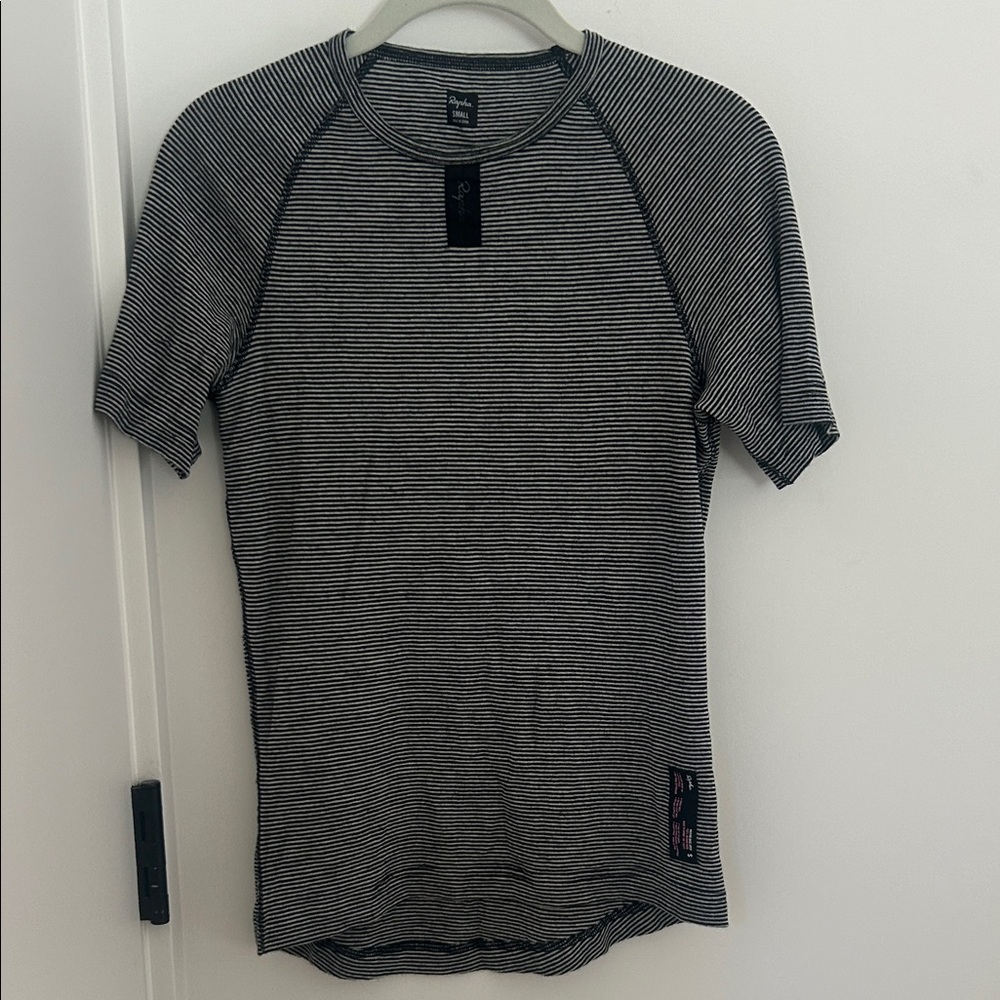 Black and White Striped Rapha Men's base layer merino wool